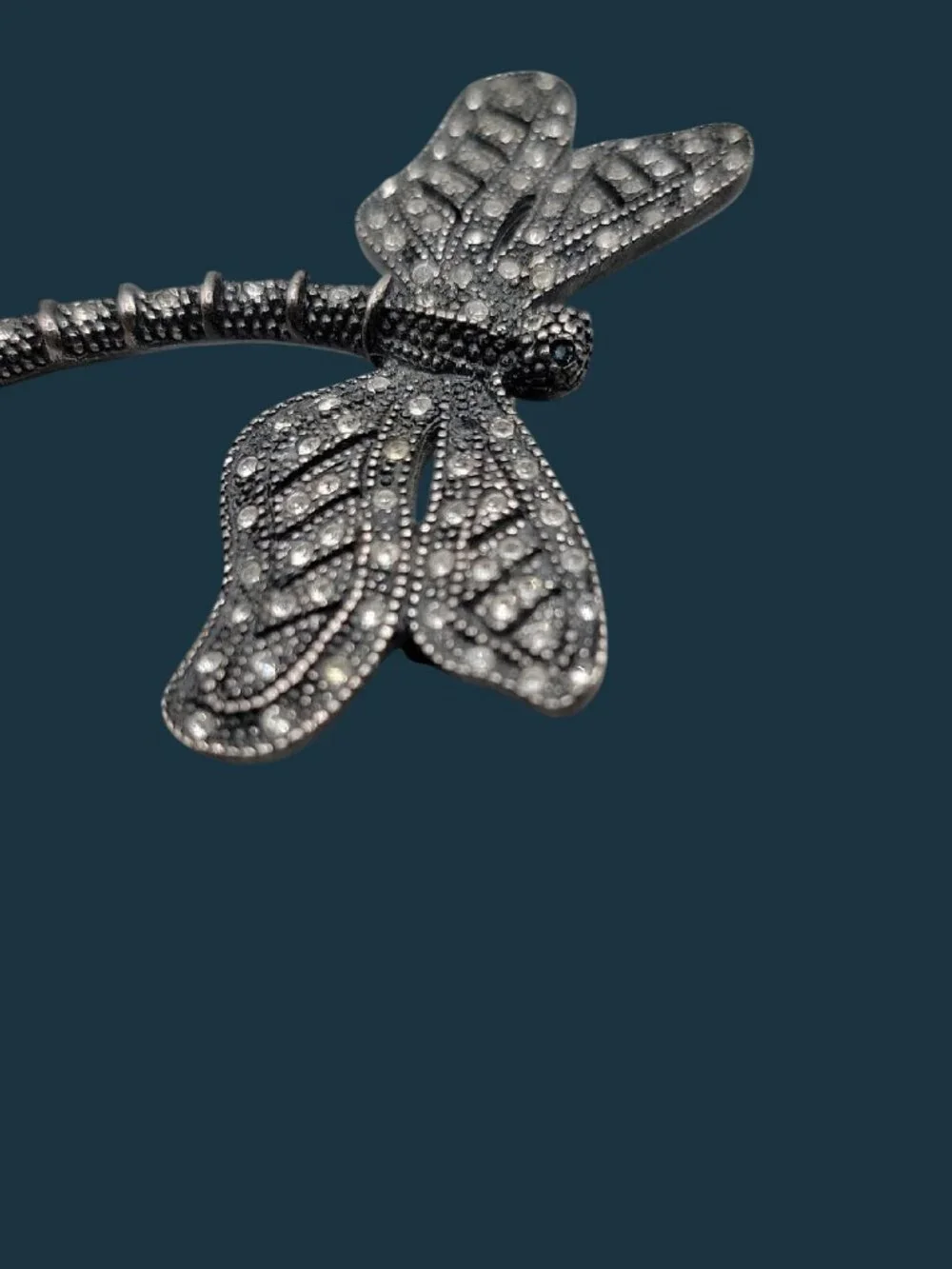 Vintage Art Deco Silvertone Marcasite Rhinestone Dragonfly Brooch Black Metal